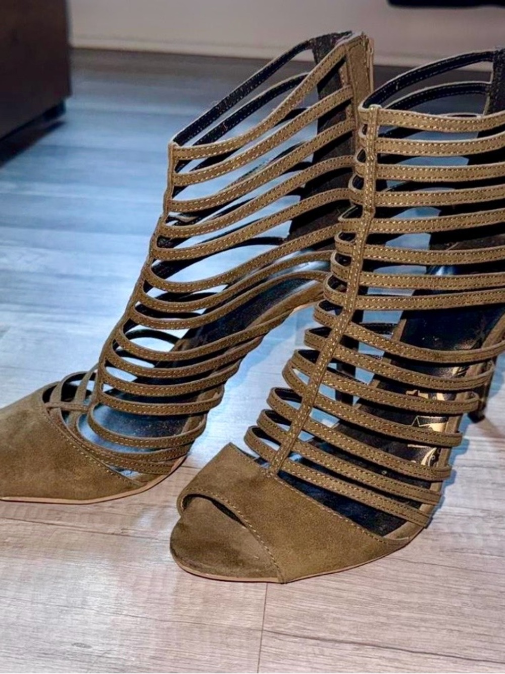Brash Olive Suede Strappy High Heel Sandal - Picture 2 of 14